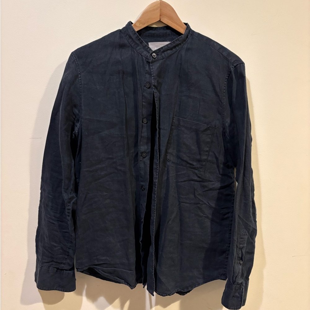 Everlane Men's Black Mandarin Band-Collar Linen Shirt